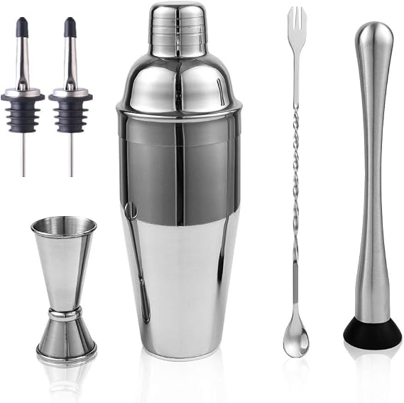 LUCKYGOOBO Cocktail Shaker Set, Bartender Kit Includes 24 oz Stainless Steel Martini Shaker,Mixing Spoon, Muddler,Jigger,Liquor Pourer,Velvet Bag,Cocktail Recipes Booklet.