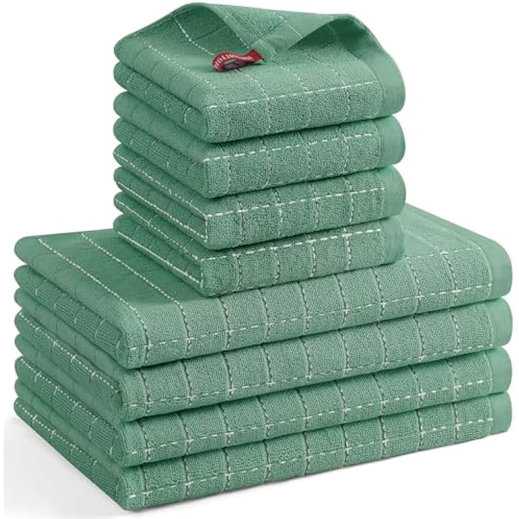 Mordimy 100% Cotton Terrycloth Kitchen Towels and Dishcloths Sets, Soft and Absorbent Checkered Dish Towels, Quick Drying Dish Rags for Washing Dishes, 4 Pack 16 x 26 & 4 Pack 12 x 12, Grass Green