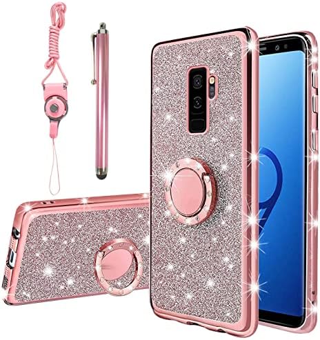 Samsung Galaxy S9 Plus Case - Glitter Crystal Soft Clear TPU Luxury Bling Protective Cover with Kickstand Strap Rose