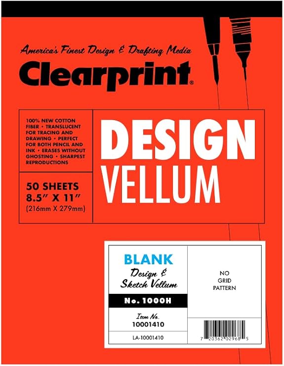 Clearprint 8-1/2" x 11" 1000H Design Vellum Pad, 16 lb., 100% Cotton, 50 Sheets, 1 Each