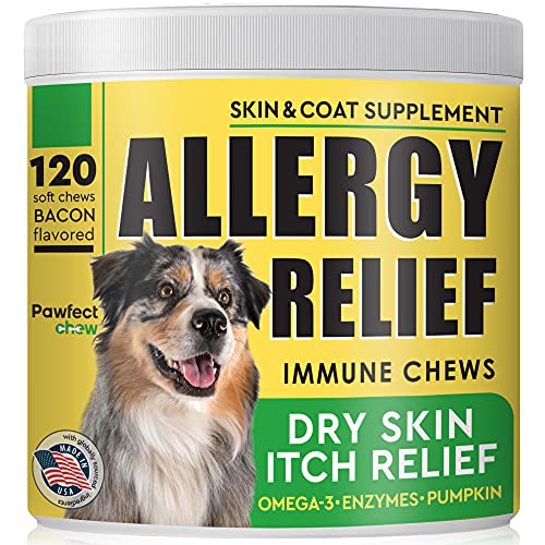 Pawfect Dog Allergy Relief Chews - Anti-Itch Skin Coat Supplement - Itchy Skin Relief Treatment Pills w Omega 3 Fish Oil - Itching & Paw Licking - Dry Skin & Hot Spots - 120 Immune Treats - Bacon