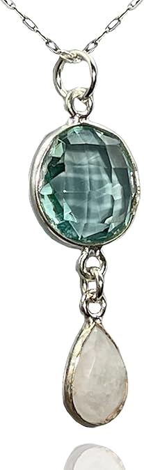 LND Moonstone Necklace Sterling Silver 925, Aqua Quartz, June Birthstone Jewelry, March, Handmade, Womens Fashion, Genuine, Bestie, Gemstone, Gem, Bridesmaid, Woman, White, Pendant, 18 Inch Chain