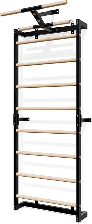 Swedish Ladder, Wood Stall Bars Suspension Trainer with Pull-Up Bar & Rings for Straps, Swedish ladders Wall Gym Adult, Wall-Mounted Workout Ladder for Home, Gym, School and Clinics