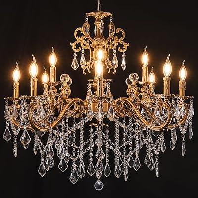 Wellmet Crystal Chandeliers Vintage Antique Bronze Chandelier 12 Lights Candle Pendant Ceiling Light Fixture for Dining Room Living Room Kitchen Bedroom Hallway Entryway Dia 35.9