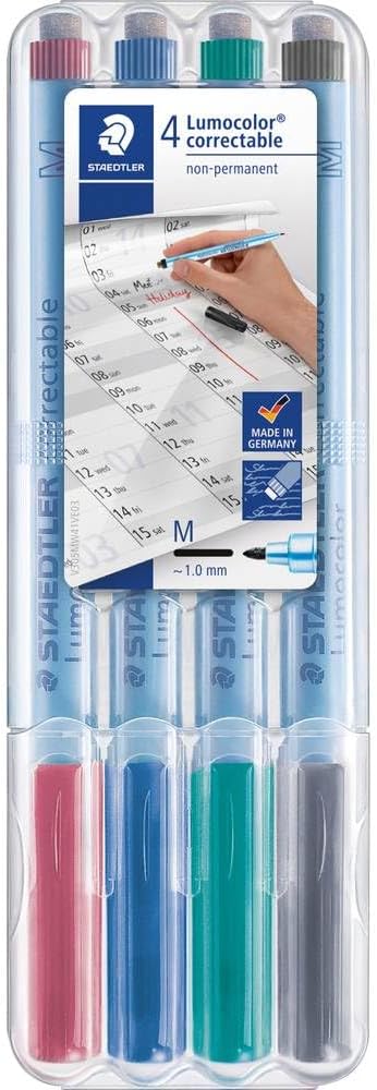 STAEDTLER Lumograph Dry Erase Whiteboard Marker Pen with Cap Eraser, Medium Tip, Low Odor Colored Markers, 4 Pack, 305M WP4-1, Multi (305M WP4-1ST) | Dry Erase Whiteboard Marker Pen with Cap Eraser, Medium Tip, Low Odor Colored Markers