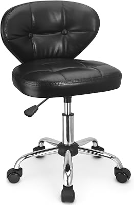 JOSTZHXIN Home Rolling Stool, PU Leather Rolling Chair with Back, Height Adjustable Swivel Chair for Teen Petite Adults,Black