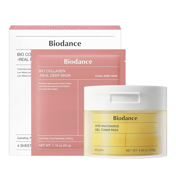 BIODANCE Radiance & Firming Duo: Vita Niacinamide Gel Toner Pads and Bio-Collagen Real Deep Mask for Glass Skin, Brightening, Pore-Minimizing, Korean Skin Care, Skin Care Set