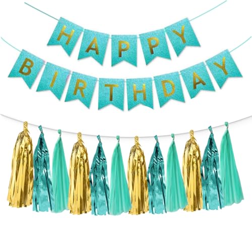 Teal Turquoise Gold Birthday Party Decorations Aqua Mint Birthday Banner Paper Tassel Garland Fringe Streamers for Girls 16th Women 30th 40th 50th Birthday Backdrop Decor