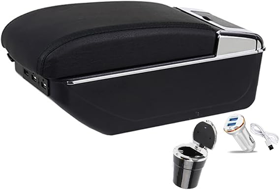 Car Armrest Center Console Storage Box for V-W Polo Plus Polo 2022-2023 New Leather Organizer Box Double-Layer Seat Central Arm Rest Box with 7 USB Mobile Phone Cup Holder,free Ashtray,Black