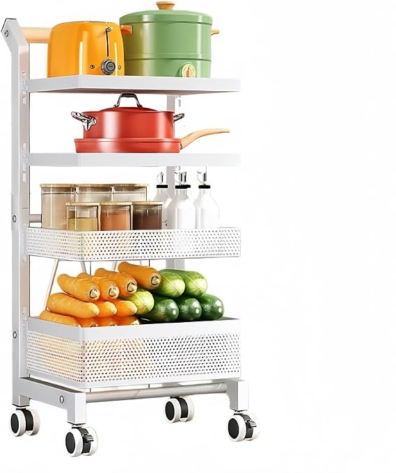Multifunctional Storage Rack with Wheels, Multi-Tier Kitchen Storage Cart(White,4-Tier)