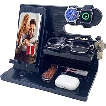 VEIYAILU Gifts for Dad Men Mom Women from Daughter Son Birthday Gifts Nightstand Organizer Mens Wood Phone Docking Station (Black)
