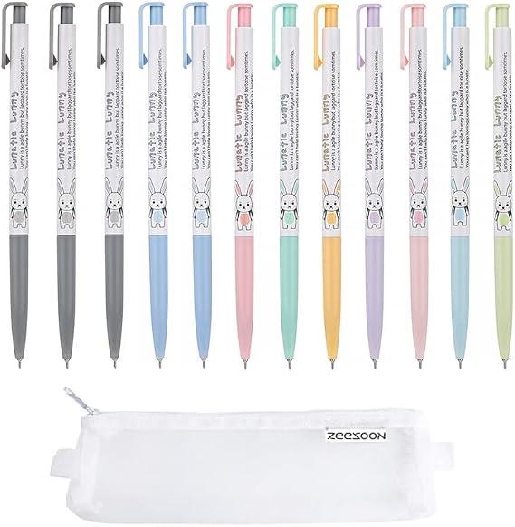 ZEESOON Xeno Slim Ball Point Pens 0.38mm (Pack of 12) 9 Color Mix Simple Pencil Pouch Additional