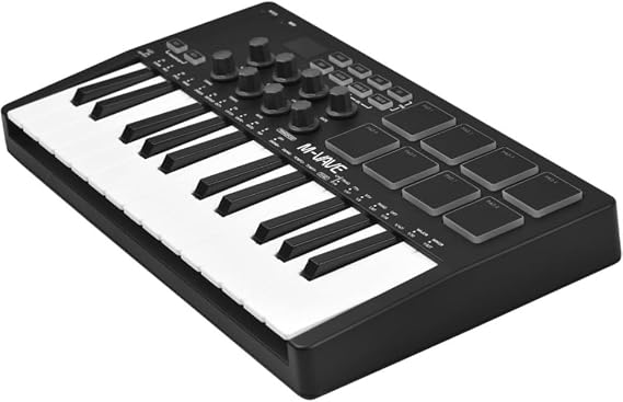 25 Key MIDI Controller Keyboard Mini USB with 8 RGB Backlit Pads, Compact MIDI Pad Sequencer and USB Music Controller for Studio Recording, DAW Control, Live Performance