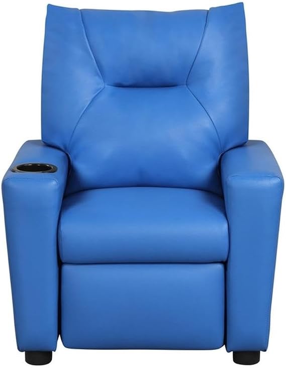 Lilola Home Perline 23" W Blue PU Leather Kids Recliner Chair Faux Leather Toddler Armchair with Cup Holder and Soft Padded Back for Bedroom or Playroom