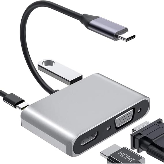 Coverzone Type-C Hdmi Vga Usb 3.0 Type 4in1 Video Converter Data Transmitter Usb Adapter Gray TC-26 Compatible with Notebook and Macbook