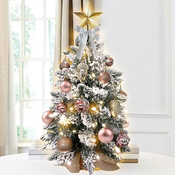 22in Mini Christmas Tree with Lights, Rose Gold Artificial Small Tabletop Christmas Tree with Flocked Snow, Exquisite Decor & Xmas Decorations for Table Top Home & Office