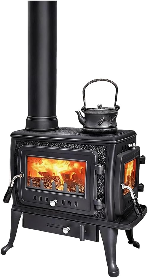 Wood Burning Stove Indoor,Comfort Glow Wood Burning Stove,Heats Up to 650 Sq Ft,Plate Steel & Cast Iron, Large Glass Window,Automatic Air Curtain System