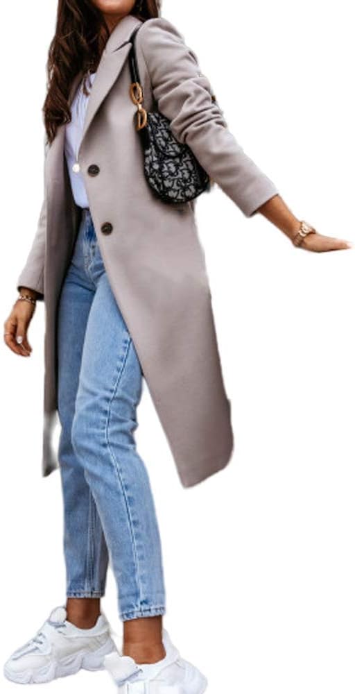 ASHER FASHION Women's Long Sleeved Lapel Maxi Cardigan Winter Woollen Overcoat, Button Trench Coat