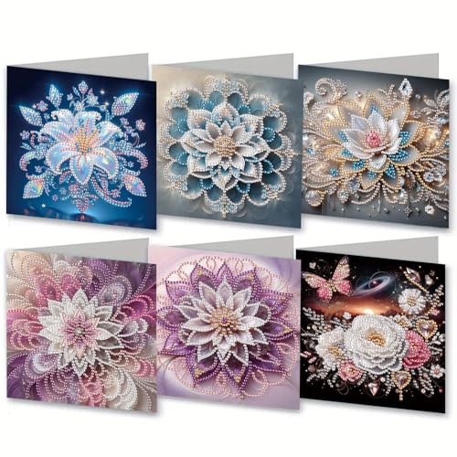 MaiYiYi 6 Pack DIY Lotus Flower Diamond Painting Greeting Cards Kit Flower Butterfly Diamond Painting Cards Mandala Flowers Diamond Art Greeting Cards for Family Friends Holiday Birthday