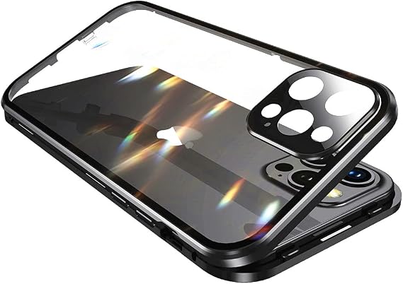 Elastic Buckle case for iPhone 13,360 Full Body Aluminium Metal Bumper Tempered Glass Screen Double-Sided Clear case Lens Protection Security Lock (Balck)