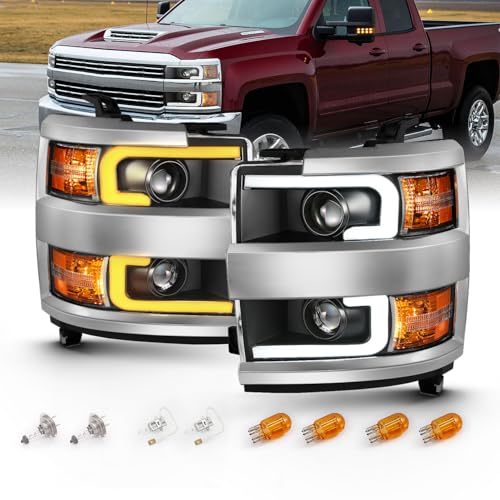 AmeriLite for 2015-2019 Silverado 2500HD 3500HD Pickup wDual Switchback LED Tube Quad Projector Black Replacement Headlights Assembly Set - Passenger and Driver Side