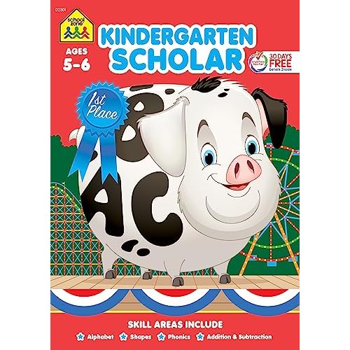 School Zone Kindergarten Scholar Workbook: 64 Pages, Alphabet, Phonics, Shapes, Patterns, Language Arts, Early Math, Counting, Addition & Subtraction, Ages 5 to 6 Paperback Picture Book, March 1, 2019