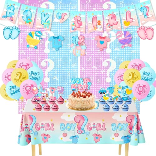 42Pcs Gender Reveal Decorations Kit - Boy or Girl Gender Reveal Party Supplies with Balloons, Backdrop, Tablecloth, Cake Toppers, Banner Flags & Table Centerpieces for Baby Shower