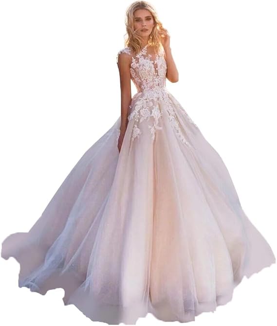 V Neck Wedding Dresses for Women Long Ball Gown Lace Wedding Gowns Lace Appliques DR0001-06