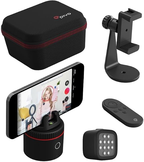 Pivo Influencer Premium Pack - Auto Tracking Phone Holder, Content Creator Essentials, Face & Body Tracker, 360 Rotation for Video Recording with Smart Video Light, Smart Mount, and Travel Case