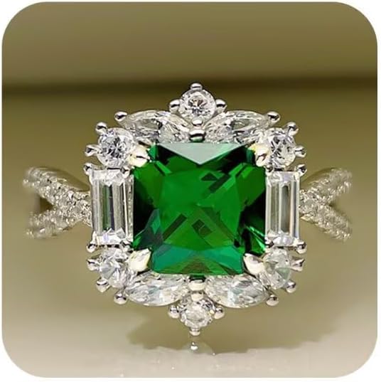 925 Sterling Silver Women Emerald Engagement Ring Double Stone Ring Emerald Anniversary Emerald Solitaire Engagement Ring for Women May Birthstone Rings Paved Cubic Zirconia Wedding Rings Size 8