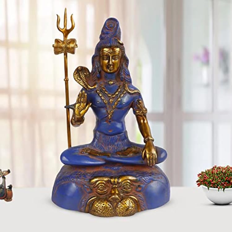 Brass Lord Shiva Neelkanth Idol Wearing Rudraksha Mala Sitting on Tiger with Trishul and Damru Shiv Murti Statue for House Warming Mandir Mahashivaratri Gift Blue and Gold Color 13 Inch