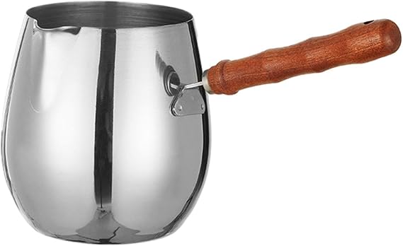 Turkish Coffee Pots with Practical Comfort Wooden Handle and Stainless Steel Milk Butter Warmer Pot Stovetop Chocolate Melting Pan Easily to Clean, Silver, 600ml