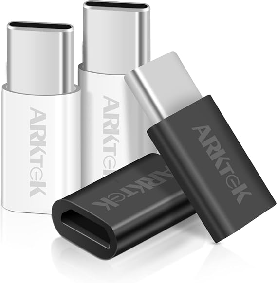 ARKTEK 4 Pack USB-C Male Micro USB Female Adapter Type C Adapter Fast Data Transfer & Charging Universal Compatible for iPhone 16/15 Pro/Plus for AirPods 4 Galaxy S25/Note 20 Pixel 9 (Black/White)