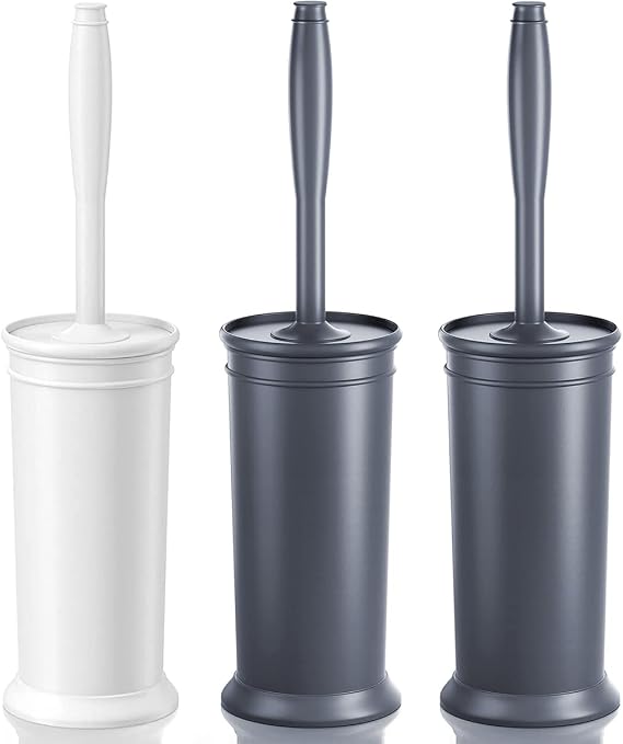 Toilet Brush, Toilet Bowl Brush with Extra Long Handle Durable Bristles Toilet Scrubber and Covered Holder for Toilet Brush Set for Bathroom Cleaning (White 1 Set, Grey 2 Set)