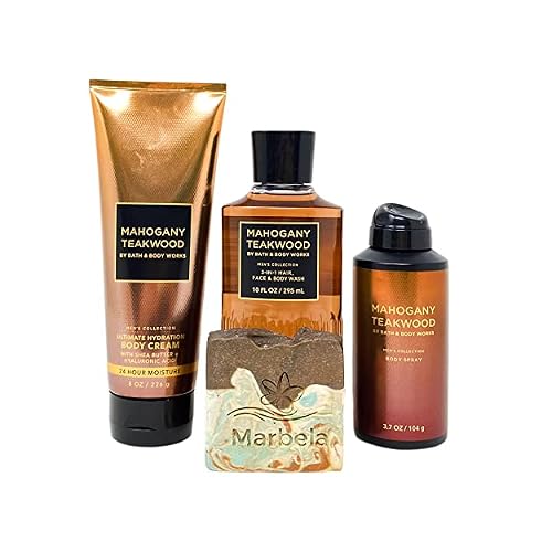 Bath & Body Works Men's Collection Mahogany Teakwood 3 Piece Gift Set - Body Cream - 3-in-1 Hair, Face & Body Wash - Body Spray - with a Cabin Spice Bar Soap - Full Size