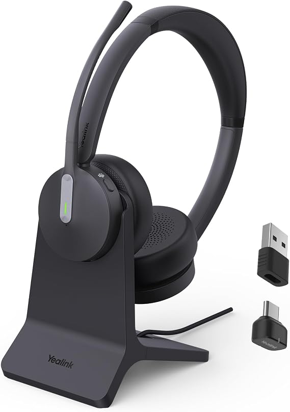 Yealink BH70 Dual Wireless Bluetooth Headset with Microphone Office with Stand 3 AI Mic Teams Certified Stereo Headphones Wireless 35 Hours Talk Time Flip Mute BT5.3 USB C Dongle for PC Office