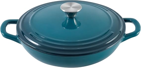 Flavehc Braiser Enameled Cast Iron Braiser 2.25 QT, Cast Iron Braiser Pan with Lid for Bread Baking, Soup & One Pot Meals, Small Shallow Dutch Oven Casserole for Oven & Induction, DarkCyan