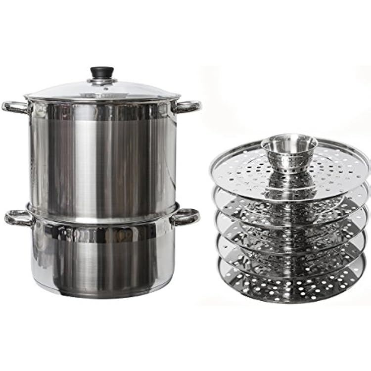 5 Tier/Level 20 Qt Uzbek 18/10 Stainless Steel Steamer Cooker Warmer W/Tempered Glass Cover For Dumplings, Ravioli, Vegetables, Fish, Manti, Mantovarka