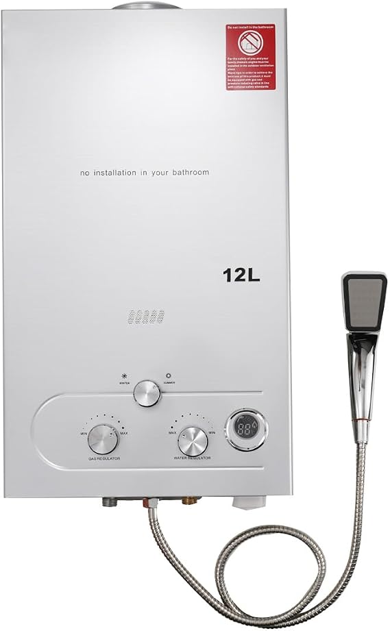 12L Gas Water Heater,24KW Instant Hot Water Heater Boiler Burner with Shower, 3.2GPM Stainless Steel for Home/Apartment/Camping Use Silver(Upgraded) [Energy Class A]