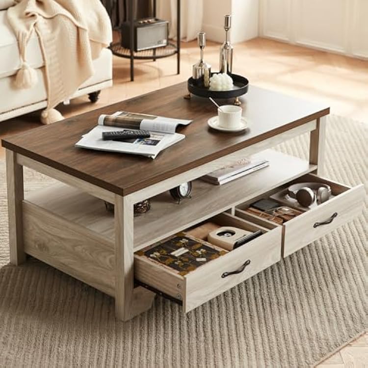 LINSY Farmhouse Coffee Table, Rectangle Coffee Table with Drawers, Rustic Wooden Coffee Tables with Storage, Center Table for Living Room, Apartment, Office, White Oak