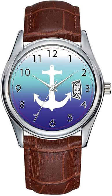 Men Watch Casual Waterproof Quartz Watches Clock Date Classic Business Brown Leather Christmas Wristwatch Sea Blue Gradient and Trendy White Anchor Watch