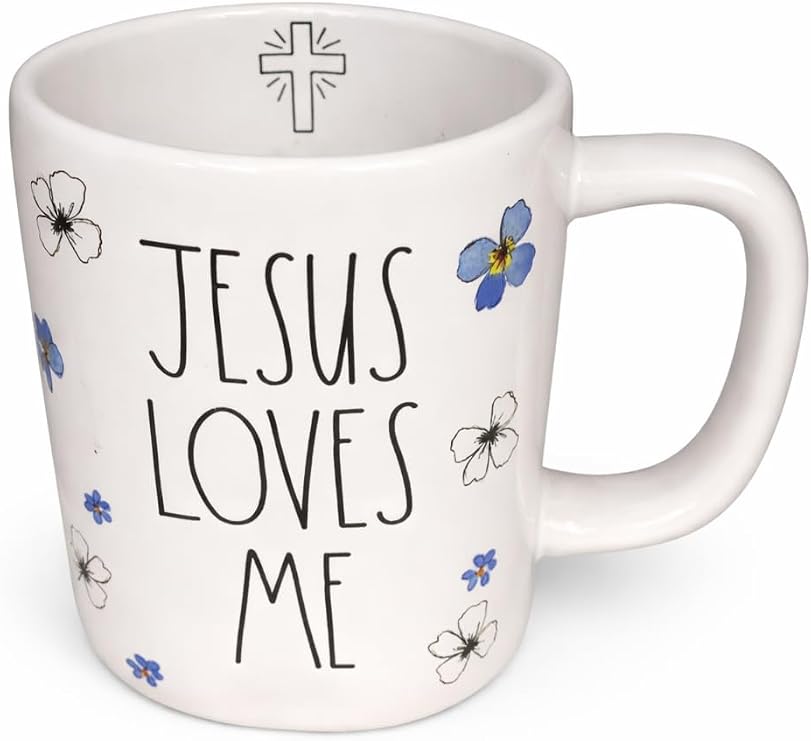 Rae Dunn by Magenta Ceramic Coffee Tea Mug, Blue Floral, Jesus Loves Me