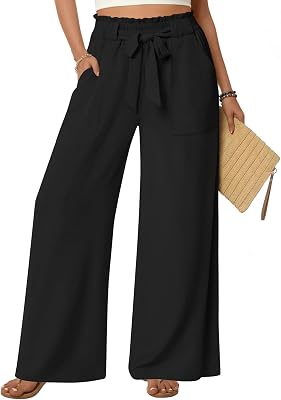 Anyhold Womens Wide Leg Palazzo Pants Dressy Casual Loose High Waist Trousers Flowy Work Adjustable Pants with Pockets
