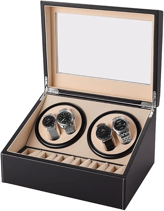 Winding Machine, 4 Winders, Storage of 6, Watch Winder, Luxury Watch Case, Automatic Winding, Silent Design, 2 Rotation Modes, 2 Way Charging, MDF, PU Leather Color: Black
