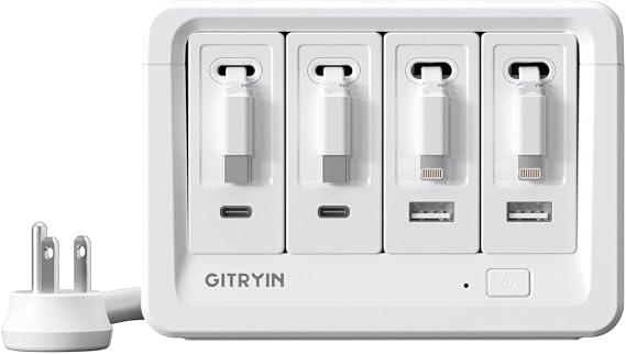 Gitryin 2 Lightning, 2 Type-C Retractable Wall Chargers with 2 USB A Ports and 1 Power Strip, 12-in-1 Modular Charging Station