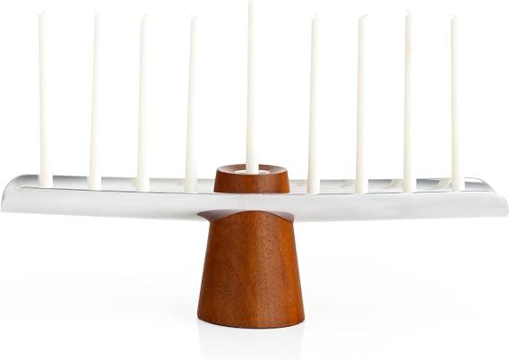 nambe Classic Menorah | Hanukkah Menorah and Candle Holder | Decorative Menorah for Chanukah | Made of Acacia Wood and Silver Plate | 14-Inch | Designed by Neil Cohen
