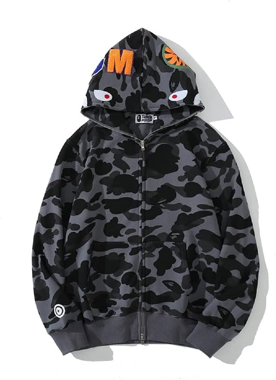 Men's Shark Hoodie Hip Hop Hoodie with Zip Long Sleeve Sweatshirt with Shark Print Shark Head Zip Camouflage Jackets Sweat Jacket