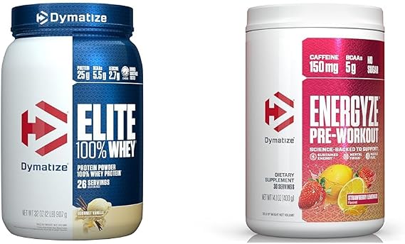 Dymatize Elite 100% Whey Protein Powder, Gourmet Vanilla, 2 Pound Energyze Pre-Workout, Strawberry Lemonade, 30 Servings Bundle