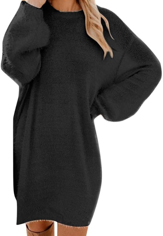 Women's mid-length sweater dress, long sleeve dress, round neck, loose fit, soft, casual, plain colour, straight, chic and elegant, everyday versatile streetwear dress for autumn, winter