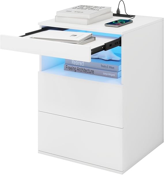 YU YUSING Bedside Table with 2 Drawers with Charging Station and LED Lights